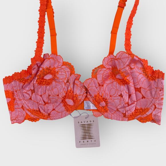 SavagexFenty Perfect Poppies Unlined Lace Demi Bra 38D Pink Orange Festival Top - Picture 4 of 10